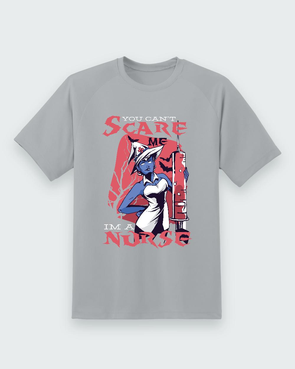 You Can’t Scare Me Nurse Halloween Tee — sport grey shirt, front view