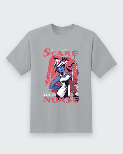 You Can’t Scare Me Nurse Halloween Tee — sport grey shirt, front view