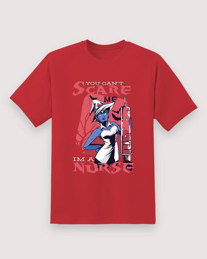 You Can’t Scare Me Nurse Halloween Tee — red shirt, front view
