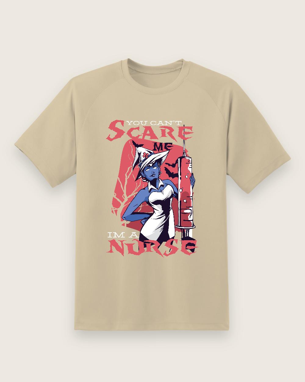 You Can’t Scare Me Nurse Halloween Tee — sand shirt, front view