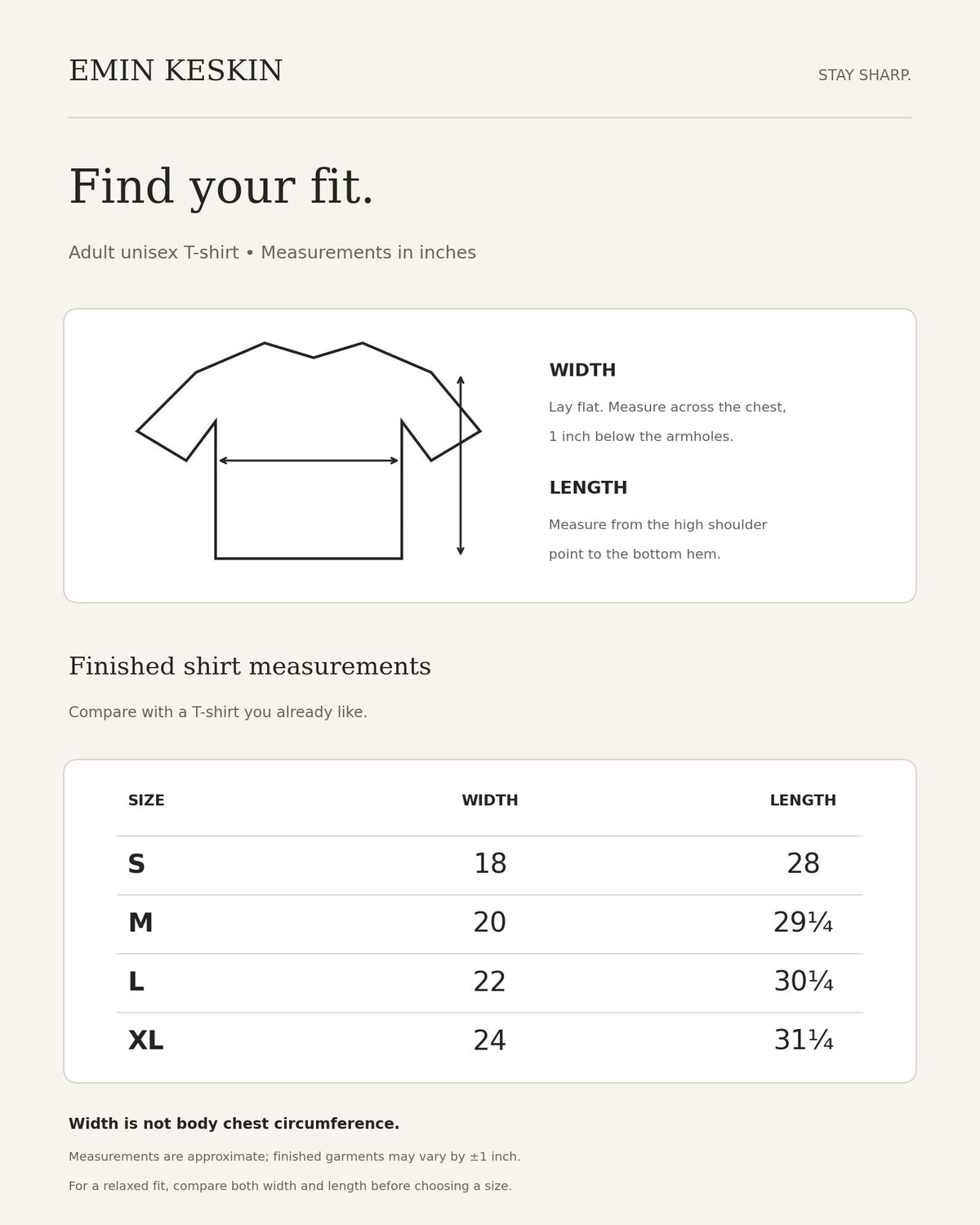 Emin Keskin adult unisex T-shirt size guide — width and length in inches