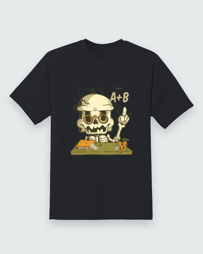 Skeleton Teacher Halloween Tee — black shirt, front view