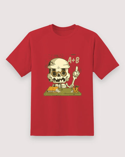 Skeleton Teacher Halloween Tee — red shirt, front view