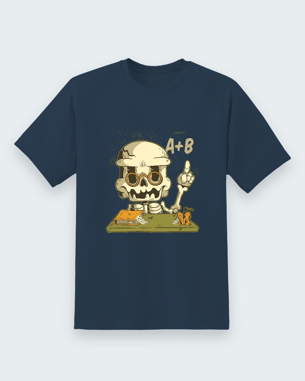 Skeleton Teacher Halloween Tee — navy shirt, front view
